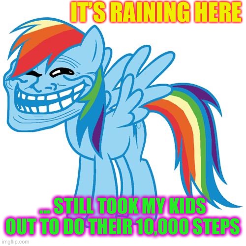 trollface pony | IT’S RAINING HERE ... STILL TOOK MY KIDS OUT TO DO THEIR 10,000 STEPS | image tagged in trollface pony | made w/ Imgflip meme maker