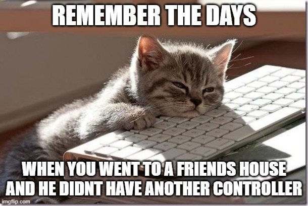 Bored Keyboard Cat | REMEMBER THE DAYS; WHEN YOU WENT TO A FRIENDS HOUSE AND HE DIDNT HAVE ANOTHER CONTROLLER | image tagged in bored keyboard cat,xbox,keyboard cat,sonicjoeygaming | made w/ Imgflip meme maker