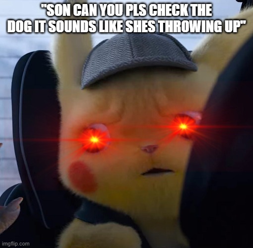 I think Luna might be throwing up... | "SON CAN YOU PLS CHECK THE DOG IT SOUNDS LIKE SHES THROWING UP" | image tagged in unsettled detective pikachu | made w/ Imgflip meme maker