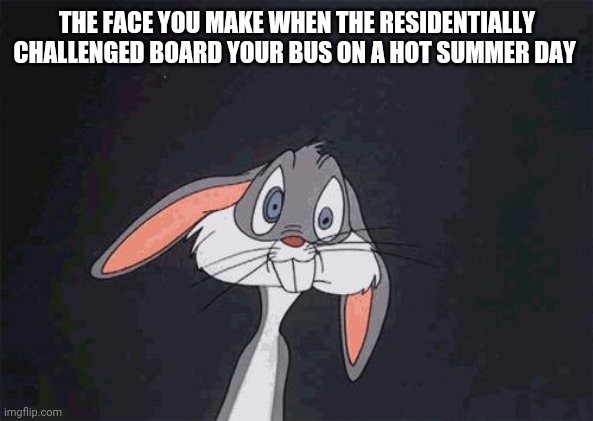 What's that smell?  ooh ooh that smell... | THE FACE YOU MAKE WHEN THE RESIDENTIALLY CHALLENGED BOARD YOUR BUS ON A HOT SUMMER DAY | image tagged in bugs bunny crazy face | made w/ Imgflip meme maker