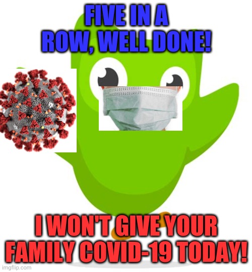Duolingo Covid-19 | FIVE IN A ROW, WELL DONE! I WON'T GIVE YOUR FAMILY COVID-19 TODAY! | image tagged in duolingo,duolingo 5 in a row,covid-19,corona virus,face mask | made w/ Imgflip meme maker