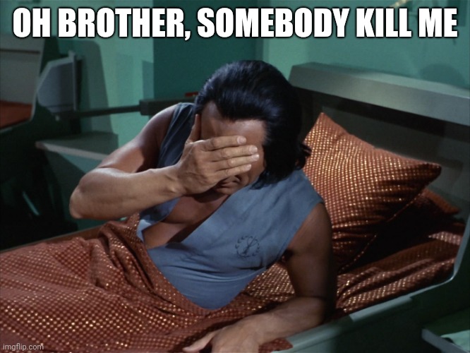 Star Trek Facepalm Khan | OH BROTHER, SOMEBODY KILL ME | image tagged in star trek facepalm khan | made w/ Imgflip meme maker