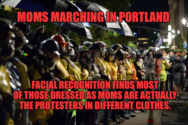 Moms | MOMS MARCHING IN PORTLAND; FACIAL RECOGNITION FINDS MOST OF THOSE DRESSED AS MOMS ARE ACTUALLY THE PROTESTERS IN DIFFERENT CLOTHES. | image tagged in 9 out of 10 moms recommend | made w/ Imgflip meme maker