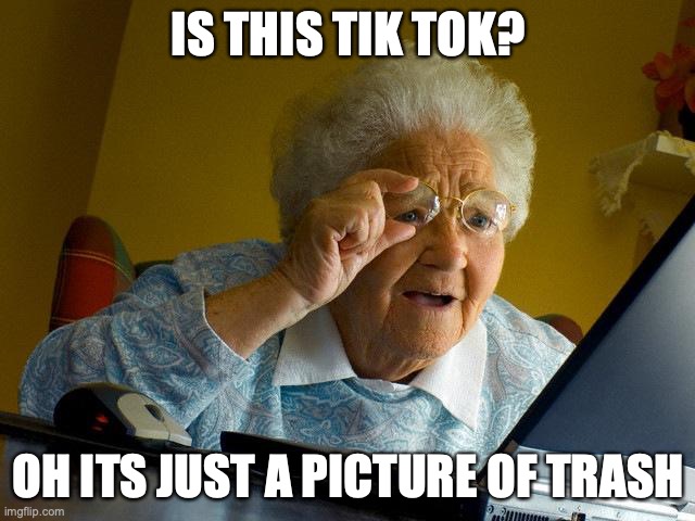 heh heh grandma hates it too | IS THIS TIK TOK? OH ITS JUST A PICTURE OF TRASH | image tagged in memes,grandma finds the internet | made w/ Imgflip meme maker