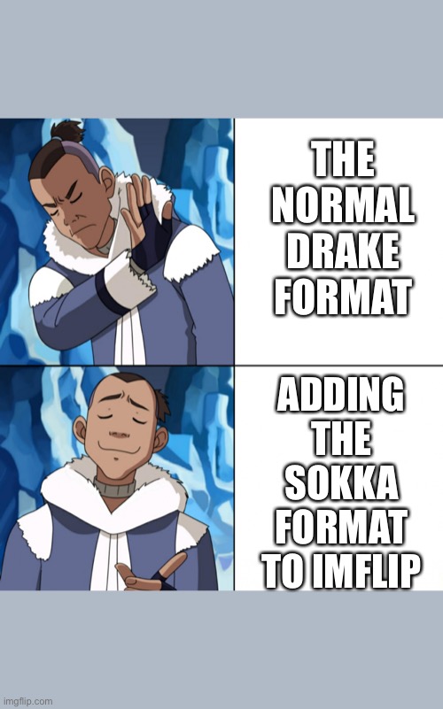 Sokka Drake | THE NORMAL DRAKE FORMAT; ADDING THE SOKKA FORMAT TO IMFLIP | image tagged in sokka drake | made w/ Imgflip meme maker