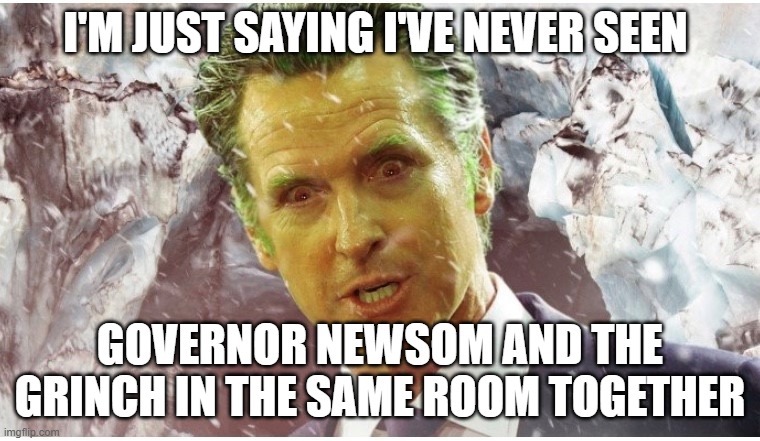 Not saying he's the grinch but | I'M JUST SAYING I'VE NEVER SEEN; GOVERNOR NEWSOM AND THE GRINCH IN THE SAME ROOM TOGETHER | image tagged in meme,governor,grinch,the grinch,california | made w/ Imgflip meme maker