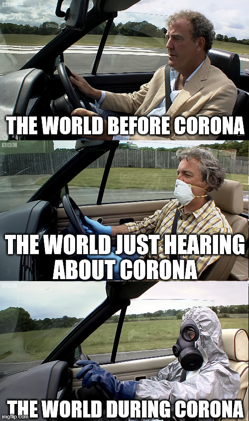 Corona Timeline | THE WORLD BEFORE CORONA; THE WORLD JUST HEARING
ABOUT CORONA; THE WORLD DURING CORONA | image tagged in covid-19 | made w/ Imgflip meme maker