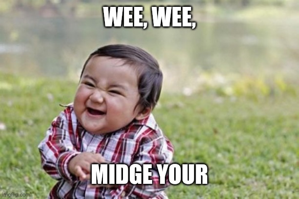 Evil Toddler Meme | WEE, WEE, MIDGE YOUR | image tagged in memes,evil toddler | made w/ Imgflip meme maker