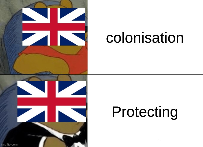 British word for coonisation | colonisation; Protecting | image tagged in memes,tuxedo winnie the pooh | made w/ Imgflip meme maker