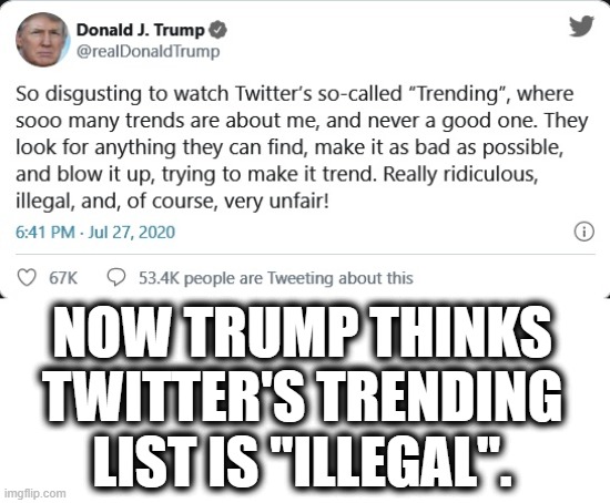 He's such a genius, he deserves a second term! | NOW TRUMP THINKS TWITTER'S TRENDING LIST IS "ILLEGAL". | image tagged in donald trump,trending,twitter,illegal,moron,traitor | made w/ Imgflip meme maker