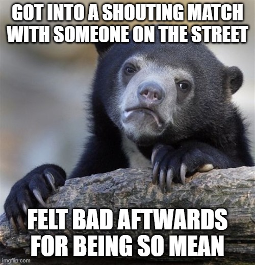 Confession Bear Meme | GOT INTO A SHOUTING MATCH WITH SOMEONE ON THE STREET; FELT BAD AFTWARDS FOR BEING SO MEAN | image tagged in memes,confession bear | made w/ Imgflip meme maker