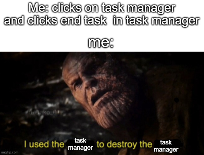 I used the stones to destroy the stones | Me: clicks on task manager and clicks end task  in task manager; me:; task manager; task manager | image tagged in i used the stones to destroy the stones,memes | made w/ Imgflip meme maker