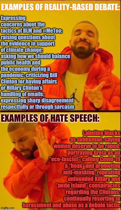 Handy-dandy guide on how to present conservative points like a genuine person vs. being a hateful idiot | image tagged in hate speech,conservative,conservative logic,free speech,bigotry,drake hotline bling | made w/ Imgflip meme maker