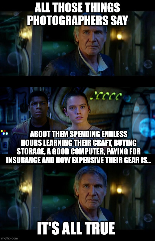 Photographer truth | ALL THOSE THINGS PHOTOGRAPHERS SAY; ABOUT THEM SPENDING ENDLESS HOURS LEARNING THEIR CRAFT, BUYING STORAGE, A GOOD COMPUTER, PAYING FOR INSURANCE AND HOW EXPENSIVE THEIR GEAR IS... IT'S ALL TRUE | image tagged in memes,it's true all of it han solo,photography,photographer,the struggle is real | made w/ Imgflip meme maker