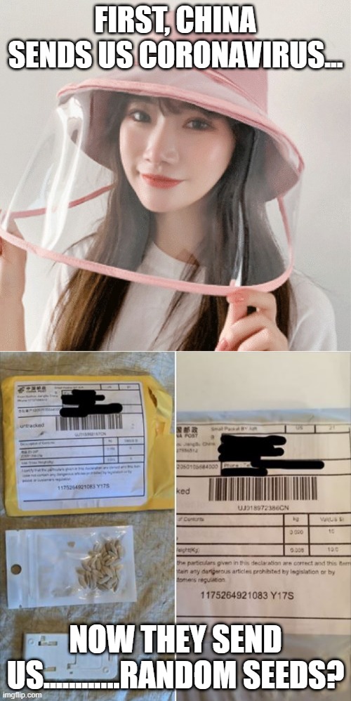 The Gifts Keep Coming | FIRST, CHINA SENDS US CORONAVIRUS... NOW THEY SEND US............RANDOM SEEDS? | image tagged in covid bukkake | made w/ Imgflip meme maker