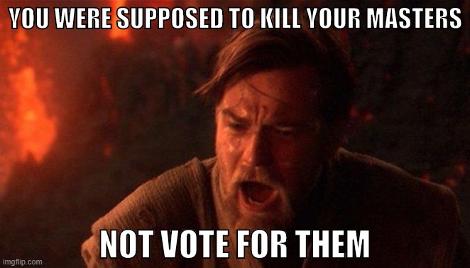 Kill your masters | YOU WERE SUPPOSED TO KILL YOUR MASTERS; NOT VOTE FOR THEM | image tagged in memes,you were the chosen one star wars,communism,libertarian,anarchy,anarchism | made w/ Imgflip meme maker