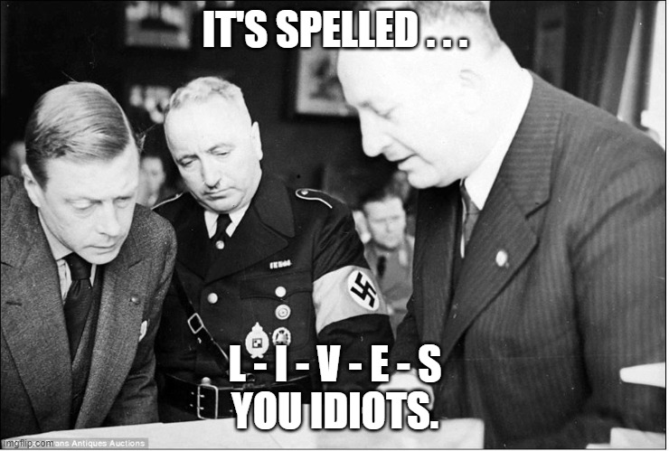 Nazi spell check | IT'S SPELLED . . . L - I - V - E - S
YOU IDIOTS. | image tagged in nazi spell check | made w/ Imgflip meme maker