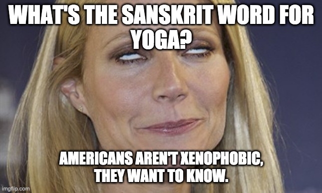 What is yoga in sanskrit? | WHAT'S THE SANSKRIT WORD FOR
YOGA? AMERICANS AREN'T XENOPHOBIC,
THEY WANT TO KNOW. | image tagged in gwyneth explains | made w/ Imgflip meme maker