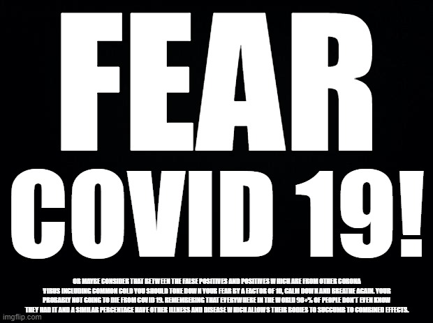 FEAR COVID 19 OR TAKE A MORE RATIONAL APPROACH AS PER YOUR INDIVIDUAL HEALTH STATE. | FEAR; COVID 19! OR MAYBE CONSIDER THAT BETWEEN THE FALSE POSITIVES AND POSITIVES WHICH ARE FROM OTHER CORONA VIRUS INCLUDING COMMON COLD YOU SHOULD TONE DOWN YOUR FEAR BY A FACTOR OF 10, CALM DOWN AND BREATHE AGAIN. YOUR PROBABLY NOT GOING TO DIE FROM COVID 19. REMEMBERING THAT EVERYWHERE IN THE WORLD 90+% OF PEOPLE DON'T EVEN KNOW THEY HAD IT AND A SIMILAR PERCENTAGE HAVE OTHER ILLNESS AND DISEASE WHICH ALLOWS THEIR BODIES TO SUCCUMB TO COMBINED EFFECTS. | image tagged in covid19,china virus,fear covid 19,comorbidity covid 19 | made w/ Imgflip meme maker