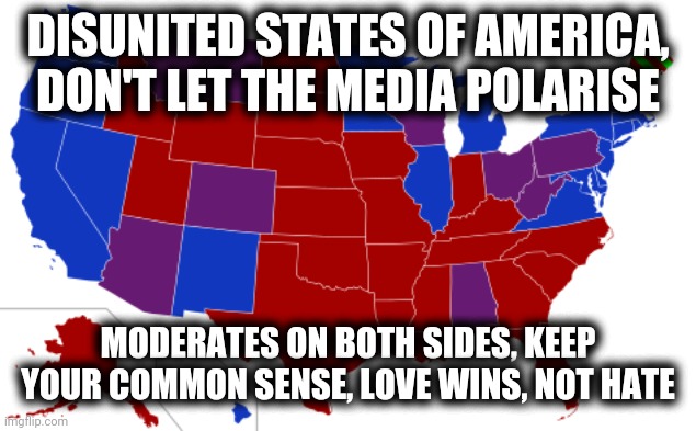 Stop Polarisation | DISUNITED STATES OF AMERICA, DON'T LET THE MEDIA POLARISE; MODERATES ON BOTH SIDES, KEEP YOUR COMMON SENSE, LOVE WINS, NOT HATE | image tagged in love,united states,unity,media,political,politics | made w/ Imgflip meme maker