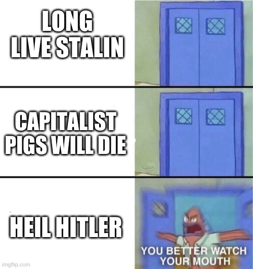 My school is like: | LONG LIVE STALIN; CAPITALIST PIGS WILL DIE; HEIL HITLER | image tagged in you better watch your mouth | made w/ Imgflip meme maker
