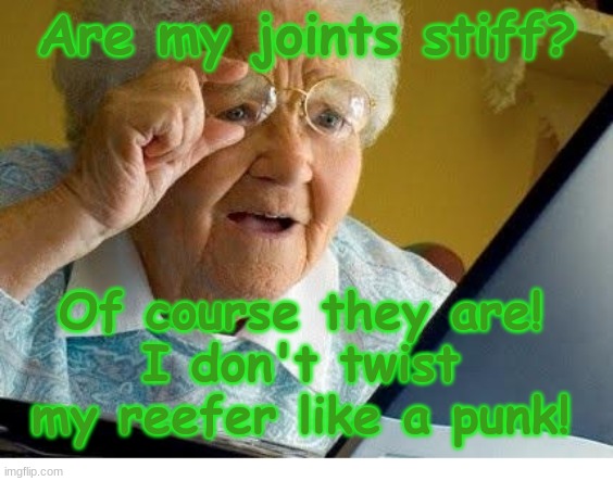 Are your joints stiff? | Are my joints stiff? Of course they are!
I don't twist my reefer like a punk! | image tagged in old lady at computer | made w/ Imgflip meme maker