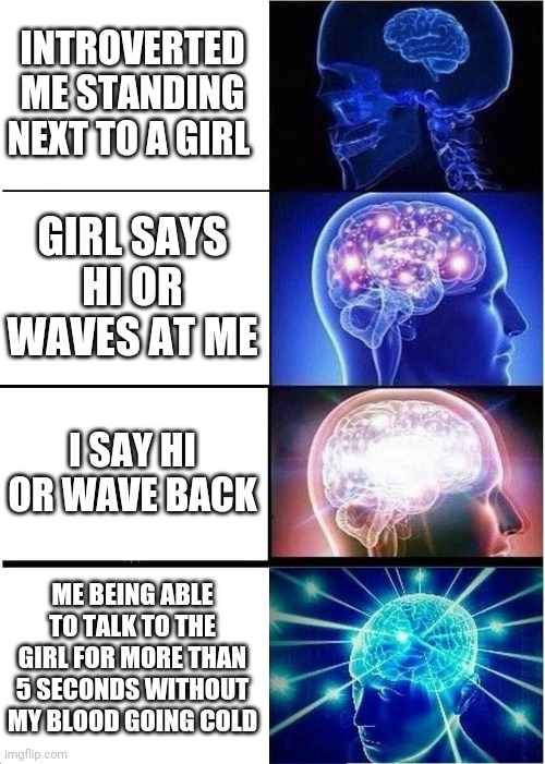 Expanding Brain Meme | INTROVERTED ME STANDING NEXT TO A GIRL; GIRL SAYS HI OR WAVES AT ME; I SAY HI OR WAVE BACK; ME BEING ABLE TO TALK TO THE GIRL FOR MORE THAN 5 SECONDS WITHOUT MY BLOOD GOING COLD | image tagged in memes,expanding brain | made w/ Imgflip meme maker