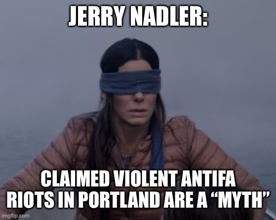 Bird box blindfolded | JERRY NADLER: CLAIMED VIOLENT ANTIFA RIOTS IN PORTLAND ARE A “MYTH” | image tagged in bird box blindfolded | made w/ Imgflip meme maker