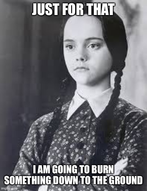 Wednesday Addams | JUST FOR THAT I AM GOING TO BURN SOMETHING DOWN TO THE GROUND | image tagged in wednesday addams | made w/ Imgflip meme maker