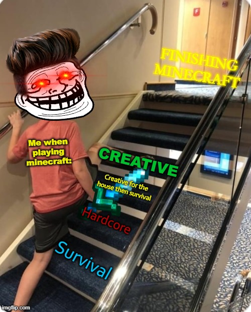 Skipping steps | FINISHING MINECRAFT; Me when playing minecraft:; CREATIVE; Creative for the house then survival; Hardcore; Survival | image tagged in skipping steps | made w/ Imgflip meme maker