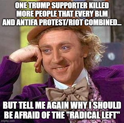 They have the numbers | ONE TRUMP SUPPORTER KILLED MORE PEOPLE THAT EVERY BLM AND ANTIFA PROTEST/RIOT COMBINED... BUT TELL ME AGAIN WHY I SHOULD BE AFRAID OF THE "RADICAL LEFT" | image tagged in memes,creepy condescending wonka,trump,blm,antifa,terrorism | made w/ Imgflip meme maker