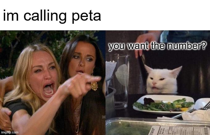 Woman Yelling At Cat Meme | im calling peta you want the number? | image tagged in memes,woman yelling at cat | made w/ Imgflip meme maker