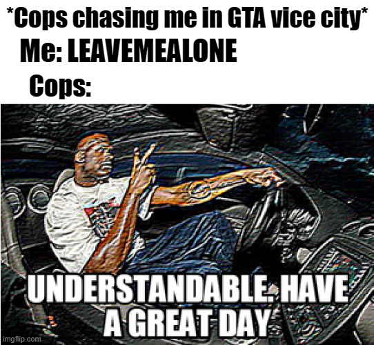PANZER | *Cops chasing me in GTA vice city*; Me: LEAVEMEALONE; Cops: | image tagged in understandable have a great day | made w/ Imgflip meme maker
