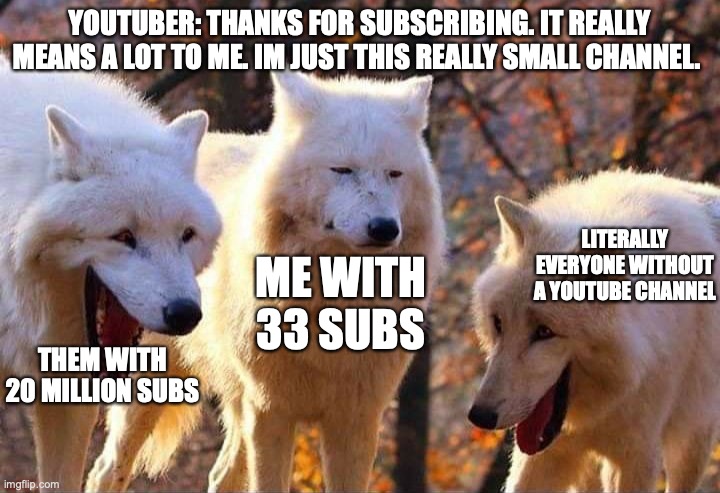 if you don't get it, that's fine, just know I made this at 5 o clock in the morning and it seemed funny | YOUTUBER: THANKS FOR SUBSCRIBING. IT REALLY MEANS A LOT TO ME. IM JUST THIS REALLY SMALL CHANNEL. LITERALLY EVERYONE WITHOUT A YOUTUBE CHANNEL; ME WITH 33 SUBS; THEM WITH 20 MILLION SUBS | image tagged in laughing wolf | made w/ Imgflip meme maker