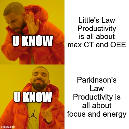 Production paradox | Little's Law
Productivity is all about max CT and OEE; U KNOW; Parkinson's Law
Productivity is all about focus and energy; U KNOW | image tagged in memes,drake hotline bling | made w/ Imgflip meme maker
