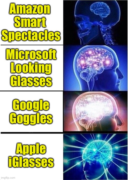 Smart Glasses Technology | Amazon 
Smart 
Spectacles; Microsoft Looking Glasses; Google Goggles; Apple iGlasses | image tagged in smart glasses,brands,names | made w/ Imgflip meme maker
