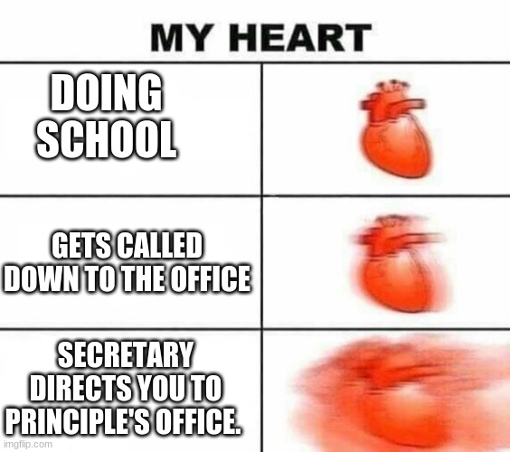 School | DOING SCHOOL; GETS CALLED DOWN TO THE OFFICE; SECRETARY DIRECTS YOU TO PRINCIPLE'S OFFICE. | image tagged in my heart blank | made w/ Imgflip meme maker