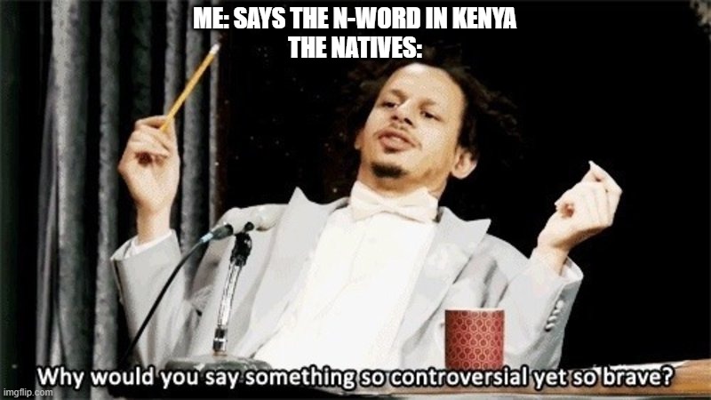 N-word in africa meme | ME: SAYS THE N-WORD IN KENYA
THE NATIVES: | image tagged in why would you say something so controversial yet so brave | made w/ Imgflip meme maker
