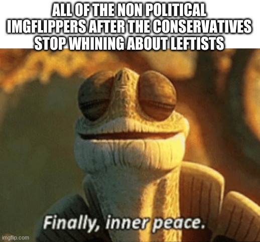 Finally, inner peace. | ALL OF THE NON POLITICAL IMGFLIPPERS AFTER THE CONSERVATIVES STOP WHINING ABOUT LEFTISTS | image tagged in finally inner peace | made w/ Imgflip meme maker