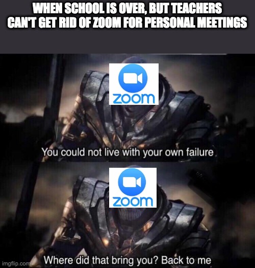 Thanos back to me | WHEN SCHOOL IS OVER, BUT TEACHERS CAN'T GET RID OF ZOOM FOR PERSONAL MEETINGS | image tagged in thanos back to me,school,zoom | made w/ Imgflip meme maker
