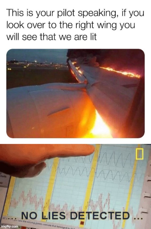 No lies detected | image tagged in no lies detected,fire,airplane,plane,uh oh,funny | made w/ Imgflip meme maker
