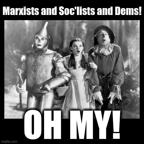 Marxists and Socialists and Dems! OH MY! | Marxists and Soc'lists and Dems! OH MY! | image tagged in lions and tigers and bears oh my wizard of oz,marxists,socialsts,democrats,wizard of oz | made w/ Imgflip meme maker
