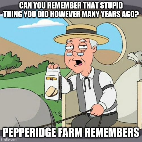 What's the stupidest thing you've ever done? Tell me in the comments! | CAN YOU REMEMBER THAT STUPID THING YOU DID HOWEVER MANY YEARS AGO? PEPPERIDGE FARM REMEMBERS | image tagged in memes,pepperidge farm remembers | made w/ Imgflip meme maker