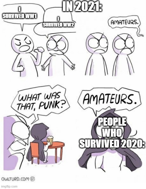 Amateurs | IN 2021:; I SURVIVED WW1; I SURVIVED WW2; PEOPLE WHO SURVIVED 2020: | image tagged in amateurs | made w/ Imgflip meme maker
