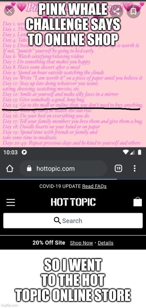 PINK WHALE CHALLENGE SAYS TO ONLINE SHOP; SO I WENT TO THE HOT TOPIC ONLINE STORE | image tagged in blank white template,emo,hot topic,bands,emo bands,memes | made w/ Imgflip meme maker
