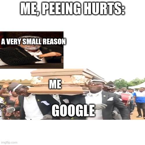 2 templates in one | ME, PEEING HURTS:; A VERY SMALL REASON; ME; GOOGLE | image tagged in blank | made w/ Imgflip meme maker