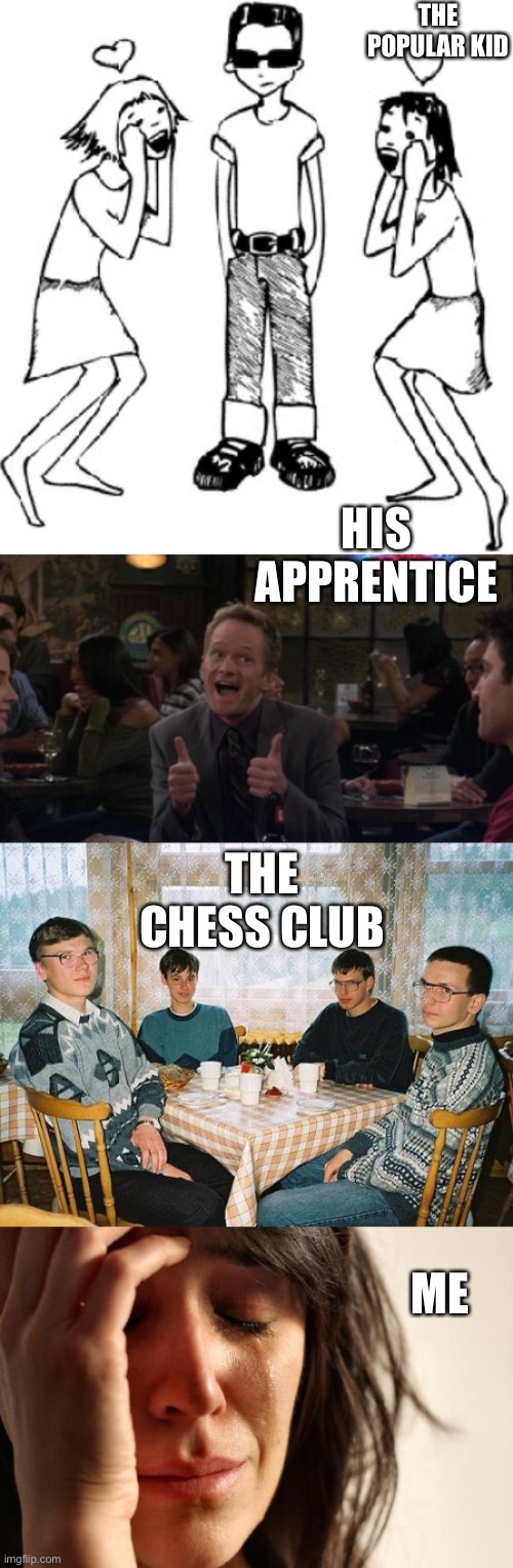 People on a Friday night | THE POPULAR KID; HIS APPRENTICE; THE CHESS CLUB; ME | image tagged in memes,first world problems,barney stinson win,nerd party,popular kid,lonely | made w/ Imgflip meme maker
