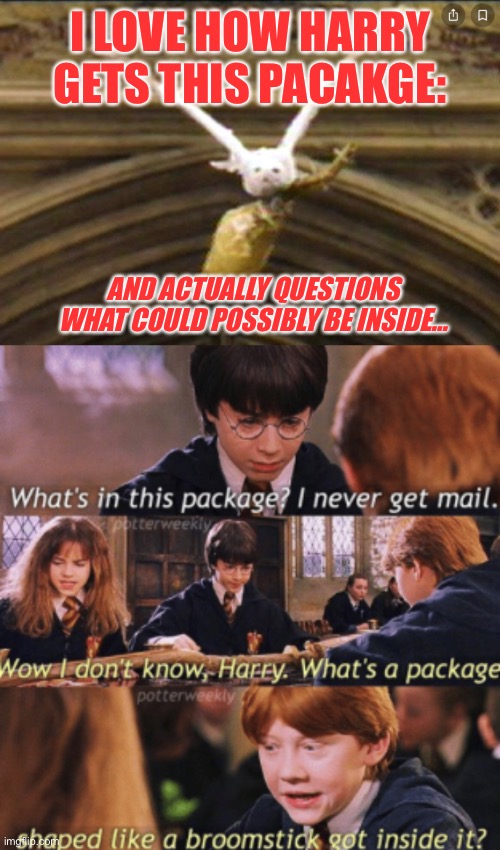 Why harry’s not a ravenclaw | I LOVE HOW HARRY GETS THIS PACAKGE:; AND ACTUALLY QUESTIONS WHAT COULD POSSIBLY BE INSIDE... | made w/ Imgflip meme maker