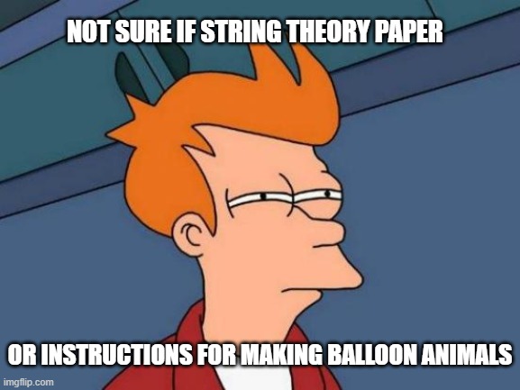 String Theory or Balloon Animals | NOT SURE IF STRING THEORY PAPER; OR INSTRUCTIONS FOR MAKING BALLOON ANIMALS | image tagged in memes,futurama fry,string theory,balloon animals | made w/ Imgflip meme maker