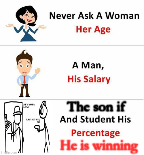 He wont ask if u winning again | The son if; He is winning | image tagged in never ask a woman her age | made w/ Imgflip meme maker